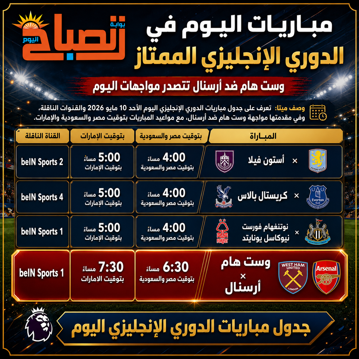 مباريات الدوري الإنجليزي اليوم.. أرسنال في اختبار قوي أمام وست هام